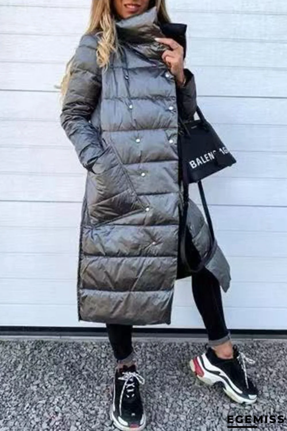 Silver Casual Solid Patchwork Pocket Buckle Turtleneck Outerwear | EGEMISS
