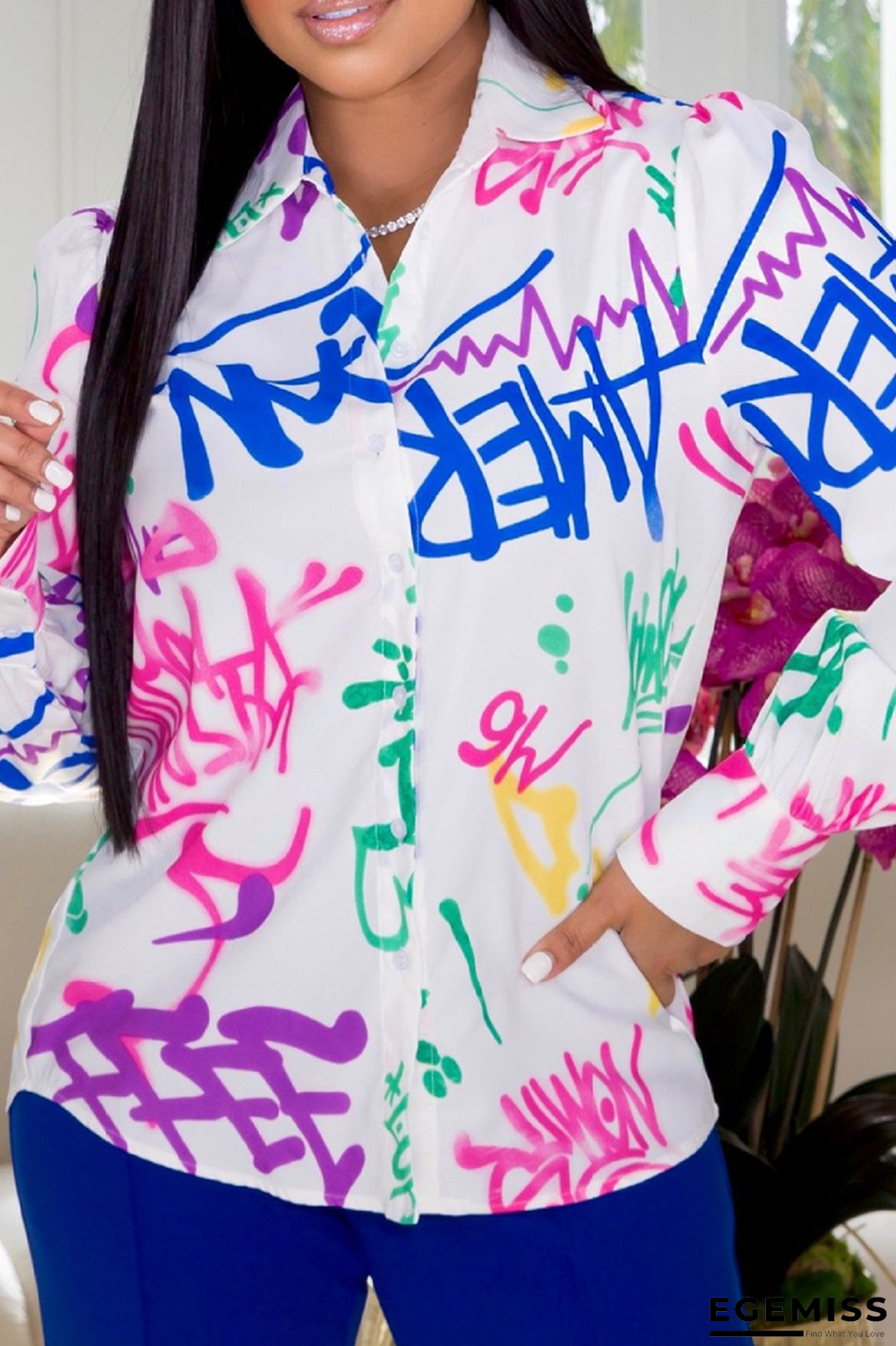 White Casual Print Buckle Turndown Collar Tops | EGEMISS