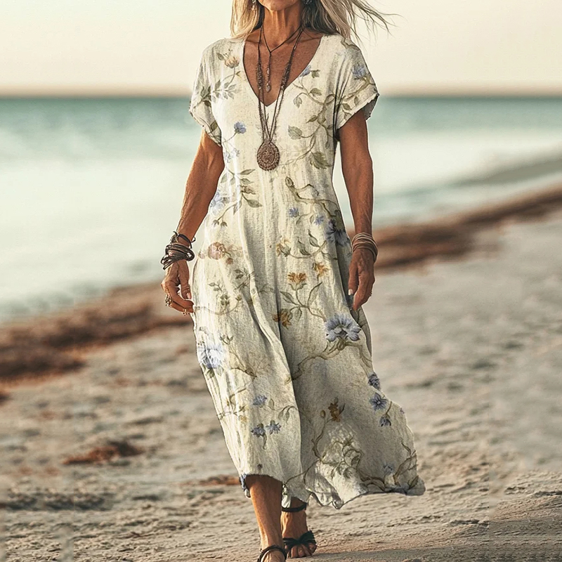 Comstylish Vintage Floral Print Short Sleeved Linen Blend Midi Dress