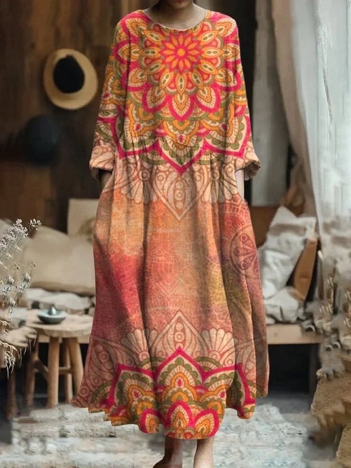 Women's Vintage Floral Art Print Pocket Cotton Dress