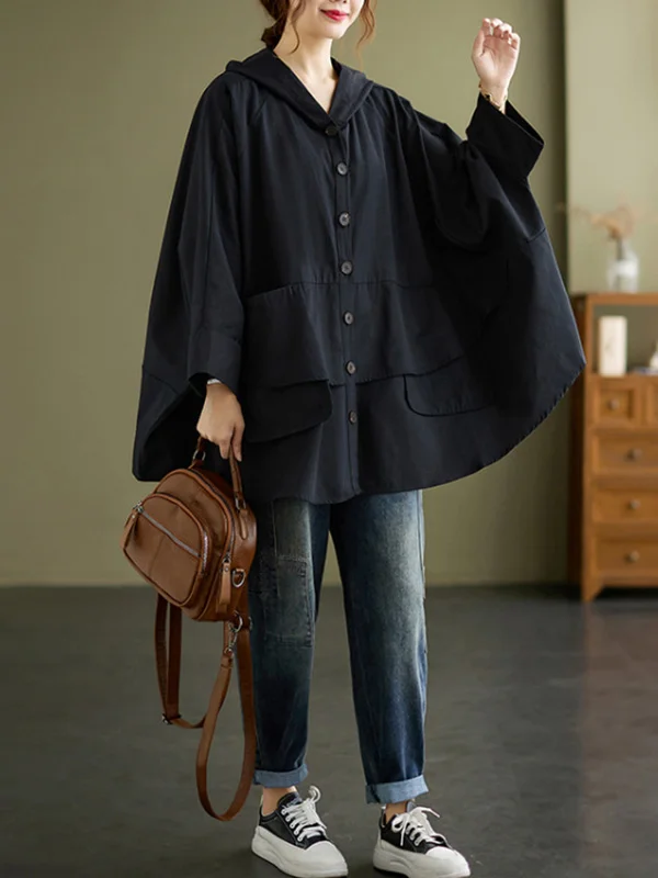 Loose Solid Color Buttoned Hooded Long Sleeves Trench Coat