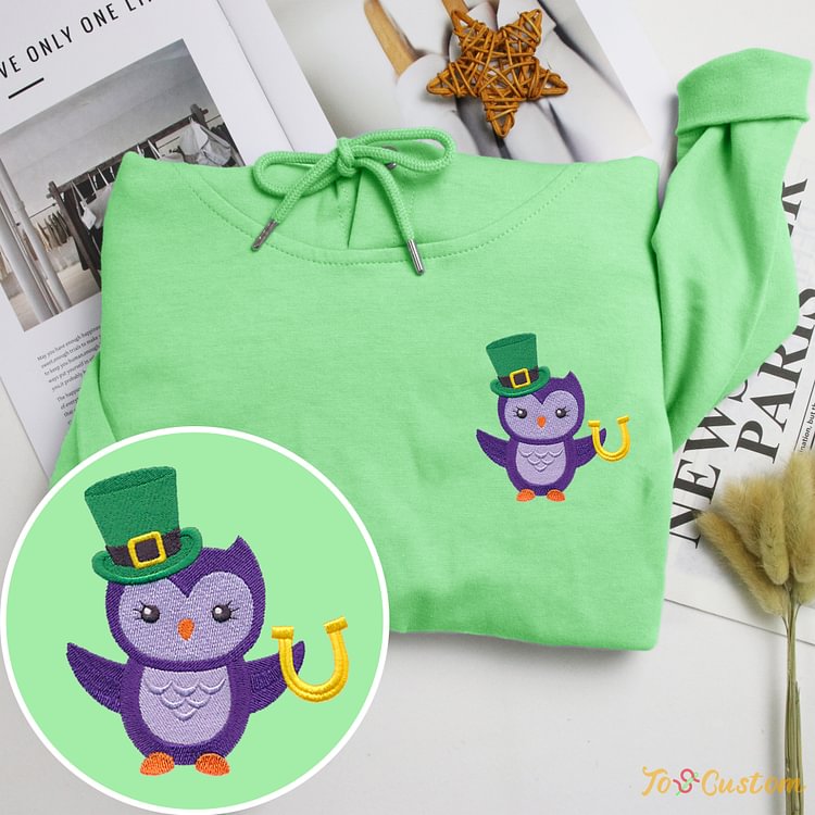 TOSCUSTOM™ Irish St. Patrick's Day Owl with Hat Embroidered Sweatshirts