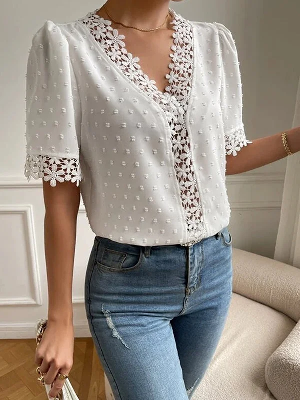 Loose Short Sleeves Applique Solid Color V-Neck Blouses&Shirts Tops