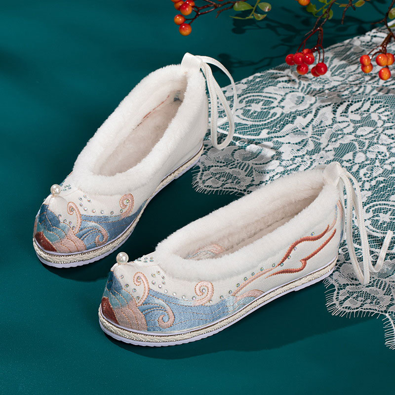 Vintage Embroidery Wave Print Pearl Fuzzy Trim Flats Shoes - Modakawa Modakawa