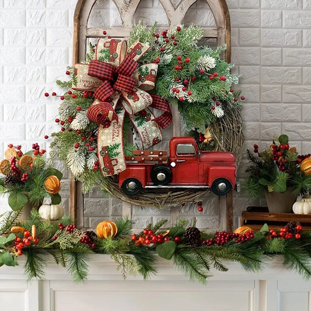 Red Farmhouse Truck Outdoor Christmas Wreath Winter Wreath