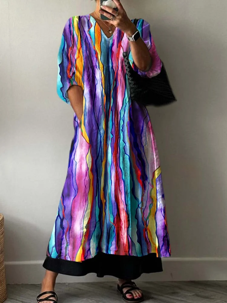 Women's  Retro Colorful Stripes Print Pocket V-neck Cotton Dress