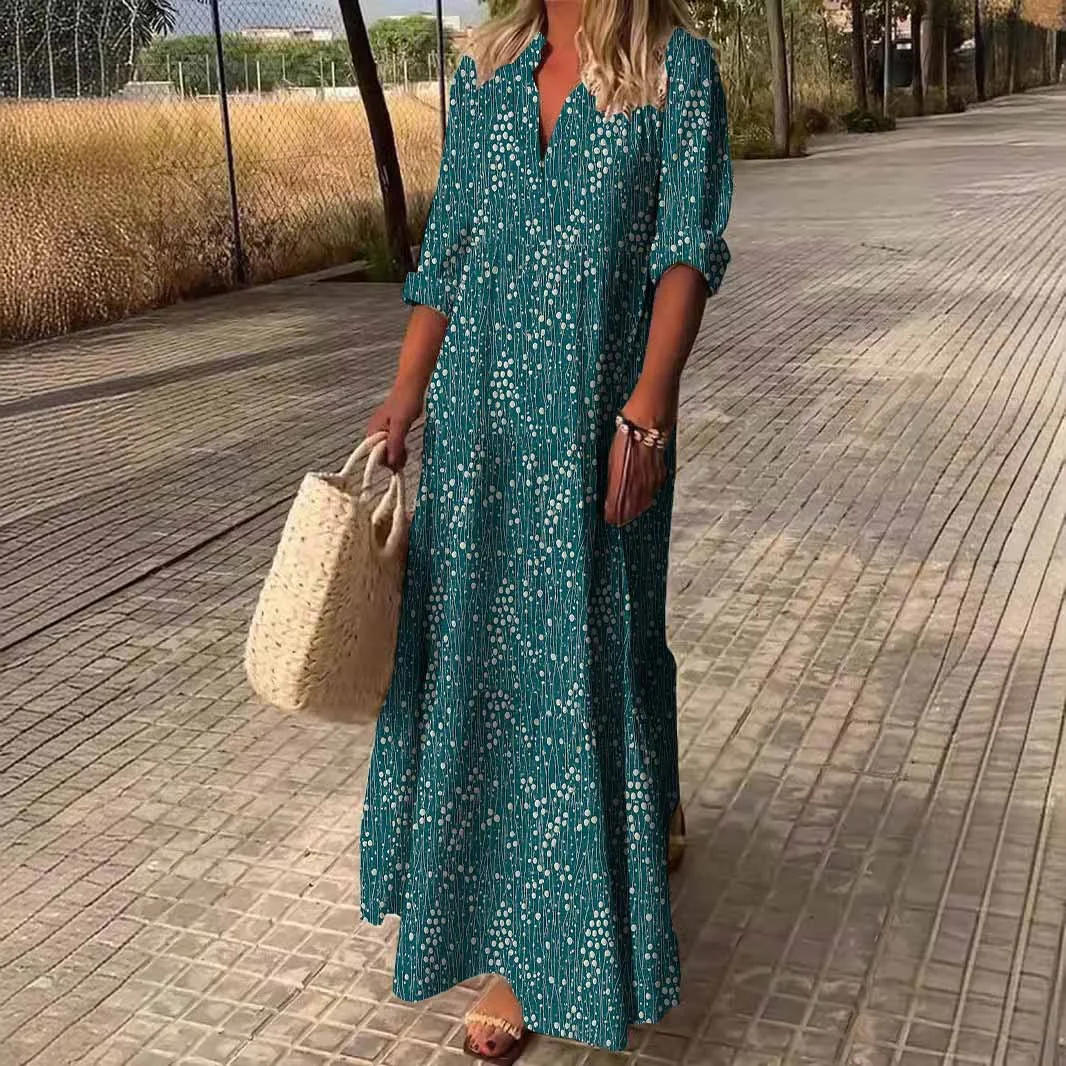Women Floral, Green, White DZDN0828 SPU Printed Long Sleeve V-neck Maxi Dress