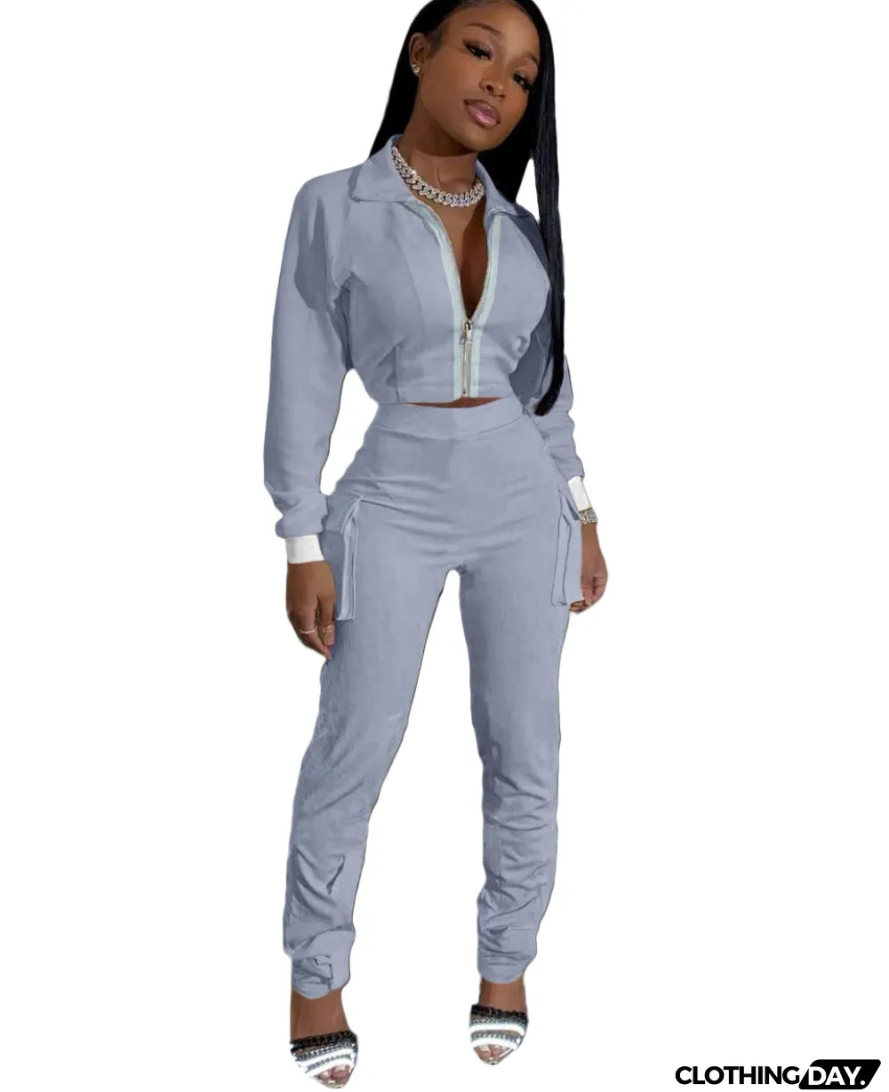 Autumn Blank Zip Crop Top and High Waist Pocket Trouser Set