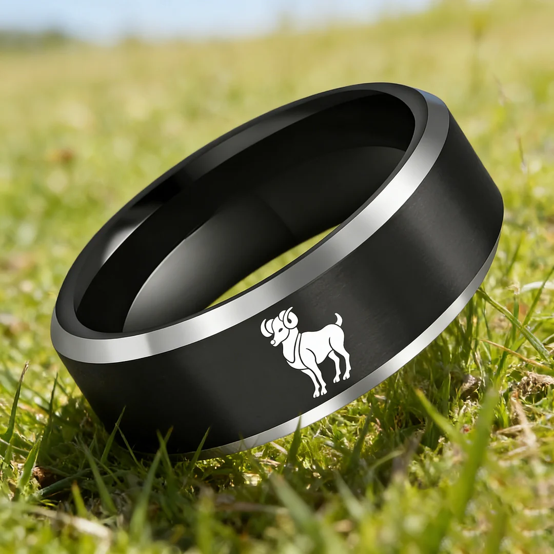 Beveled Edges Laser Etched Tungsten Carbide Rings Black Aries Couple Wedding Bands 4MM 6MM 8MM Width