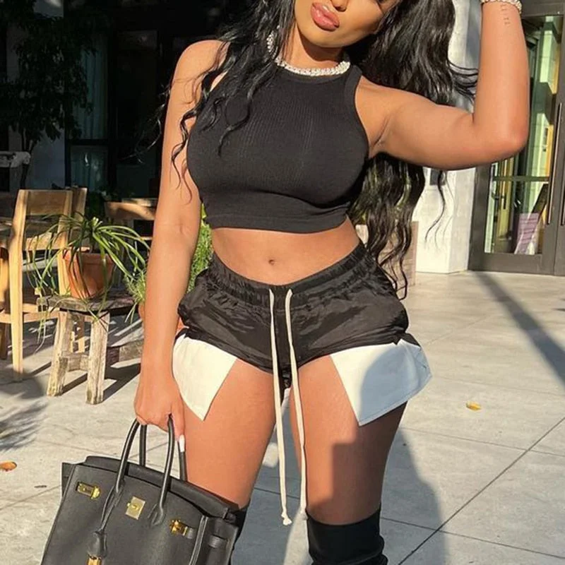 BIIKPIIK Shorts Women Fashion Mid Waist Summer Side Slit Patchwork Drawstring Shorts Color Contrast Overalls Streetwear Bottoms