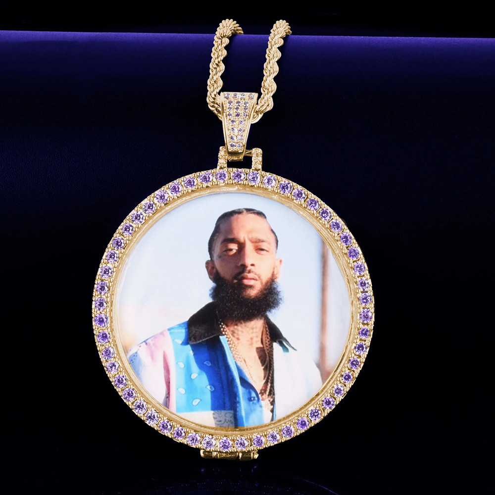 Custom Picture Purple Zircon Round Frame Gold/Silver Pendants