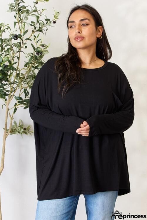 Zenana Full Size Round Neck Long Sleeve Top with Pocket