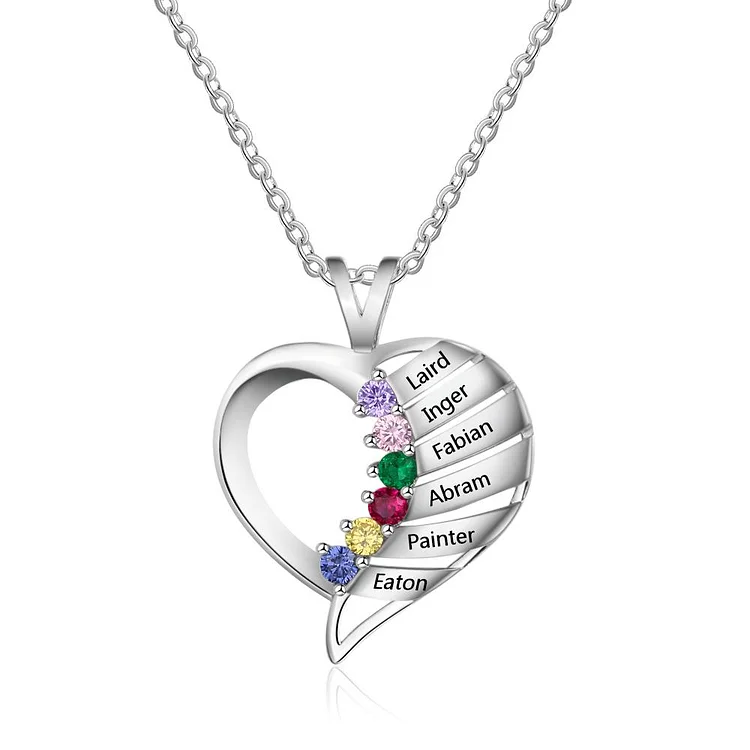 Personalized Birthstone Necklace 6 Stones 6 Names Heart Shape Engraved Mom Necklace Mother's Day Gift