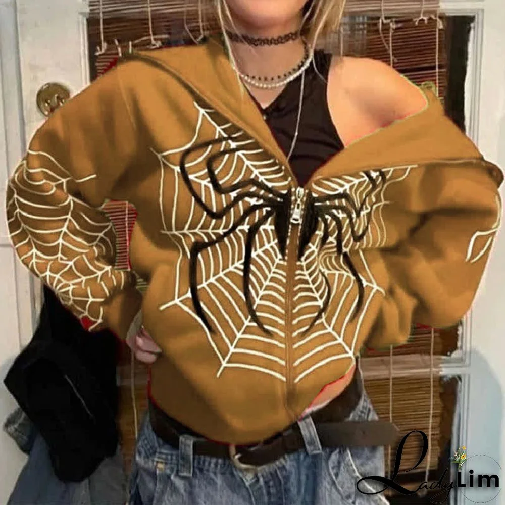 Dark Spider Web Print Full Zip Hooded Sweatshirt