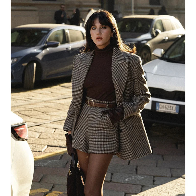 Woherb 2024 Autumn / Winter Fashion New Style Commuter Women's Plaid Suit Texture Coat-Outfit Ideas