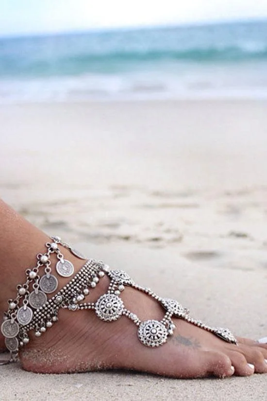 Silver Ancient Coins Anklet Chain-elleschic