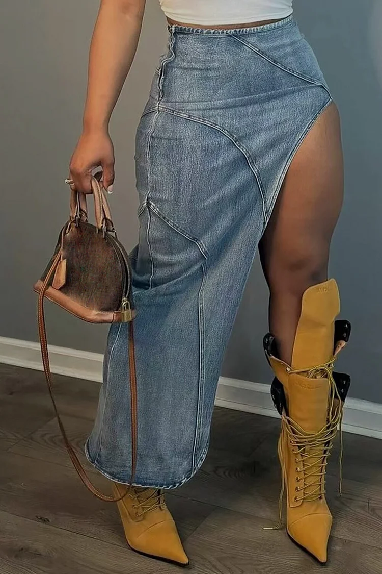 High Waist Bodycon High Slit Denim Casual Maxi Skirt-Blue