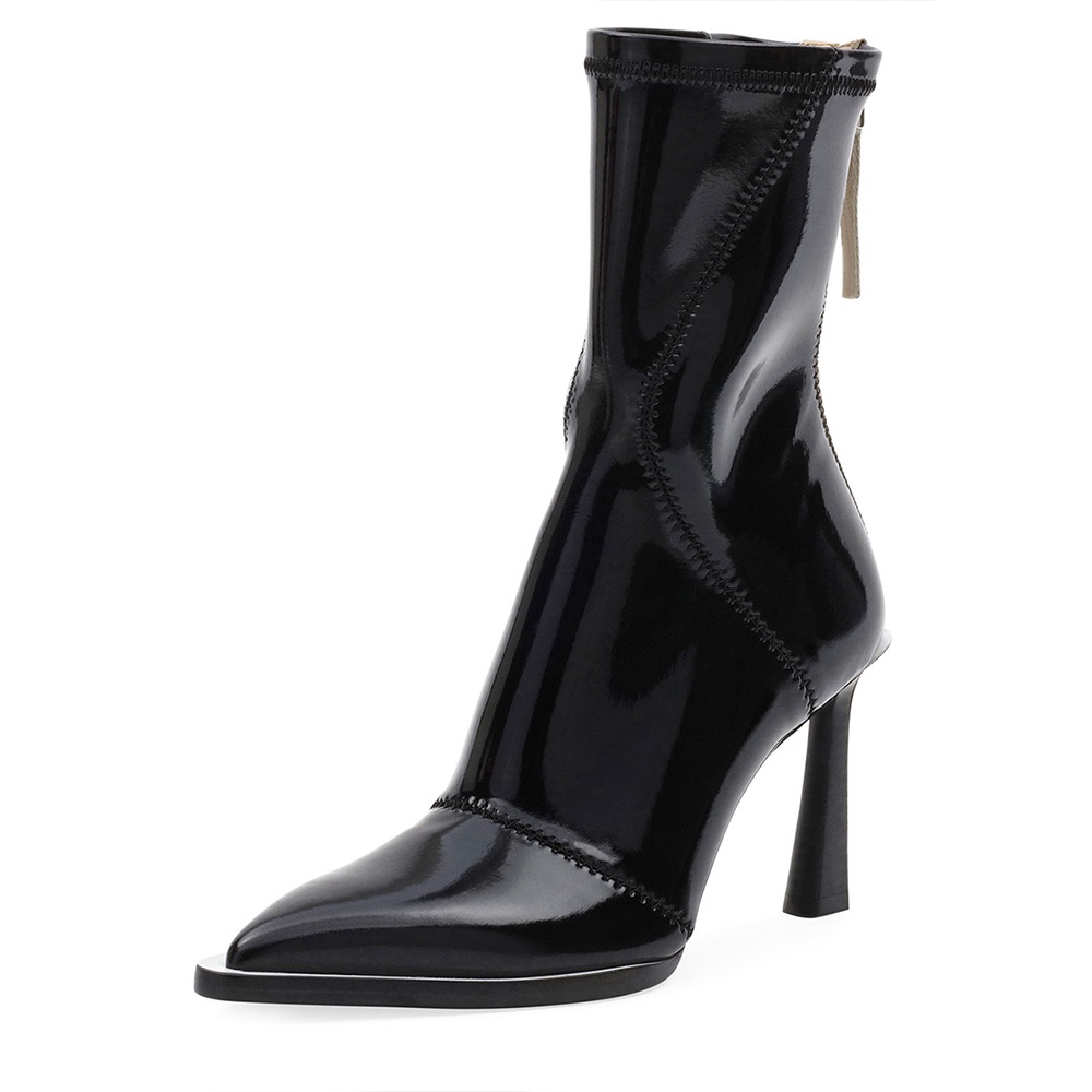 Black & Beige Patent Leather Stitching Detail Heeled Ankle Boots