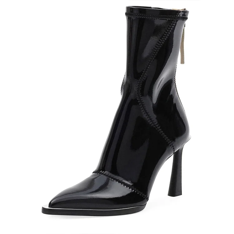 Black Patent Leather Pointy Toe Chunky Heel Women's Ankle Boots |FSJ Shoes