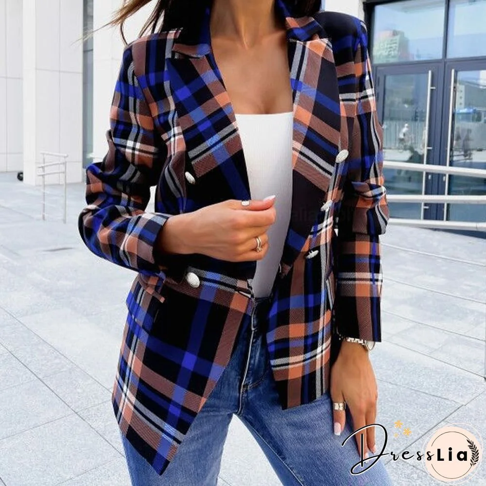 Elegant Lapel Double-breasted Blazer Autumn Casual Long Sleeve Slim Jackets Outerwear Spring Women Fashion Plaid Print Coats Top