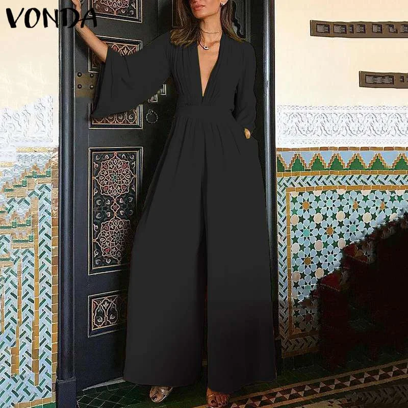 VONDA 2022 Women Long Jumpsuit Romper 3/4 Sleeve V Neck Casual Playsuit Overalls Ladies Wide Leg Loose Summer Playsuit Oversized