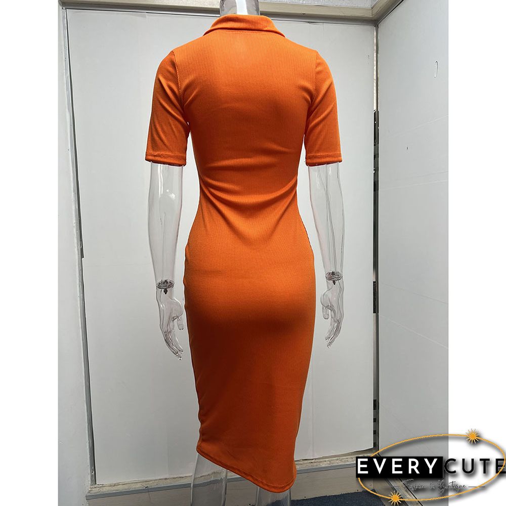 Orange Solid Buttons Lapel Collar Midi Dress