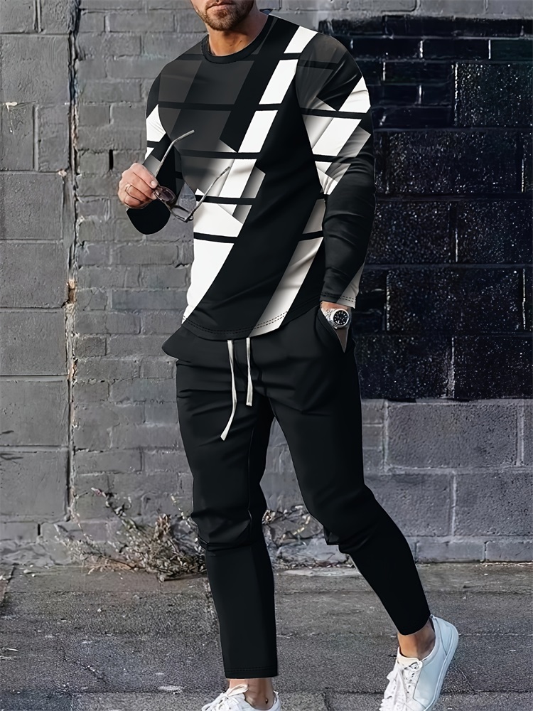 Geswet 2025 New Spring And Autumn Men's Long Sleeve T-shirt And Long Pants Set Daily Street Men's Fashion Long Sleeve T-shirt