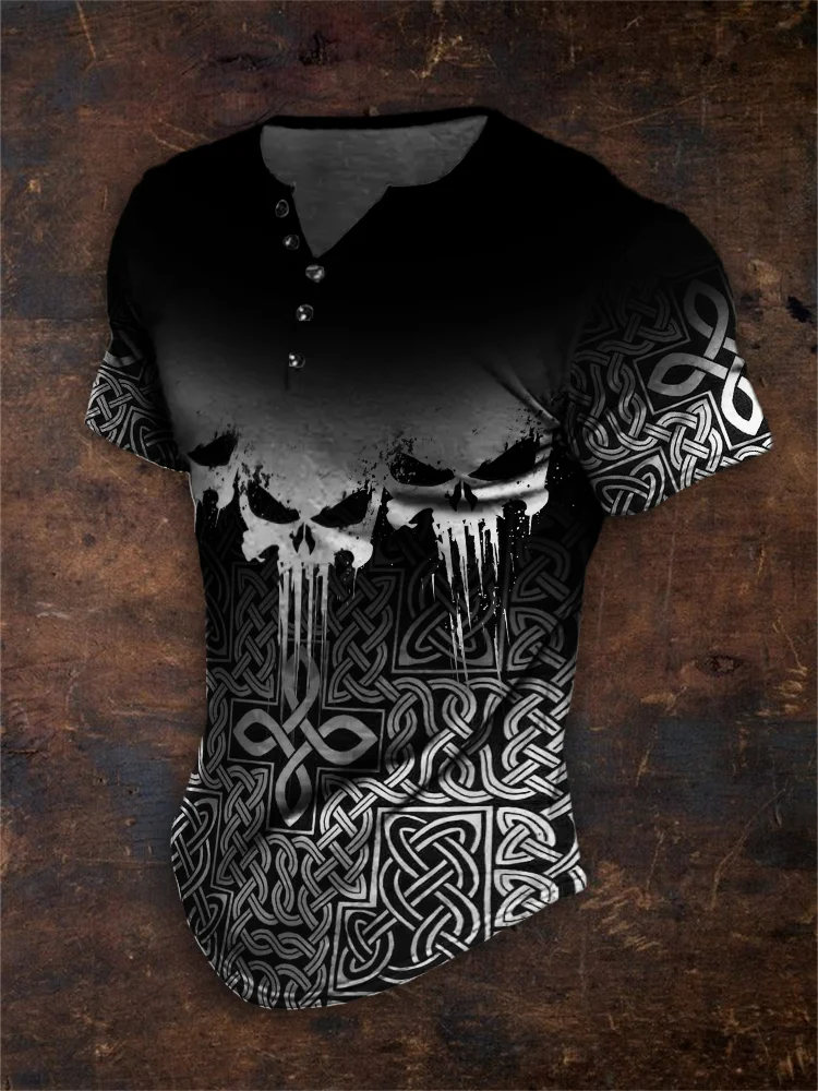 Tiboyz Men's Skulls Gradient Contrast Celtic Henley Shirt