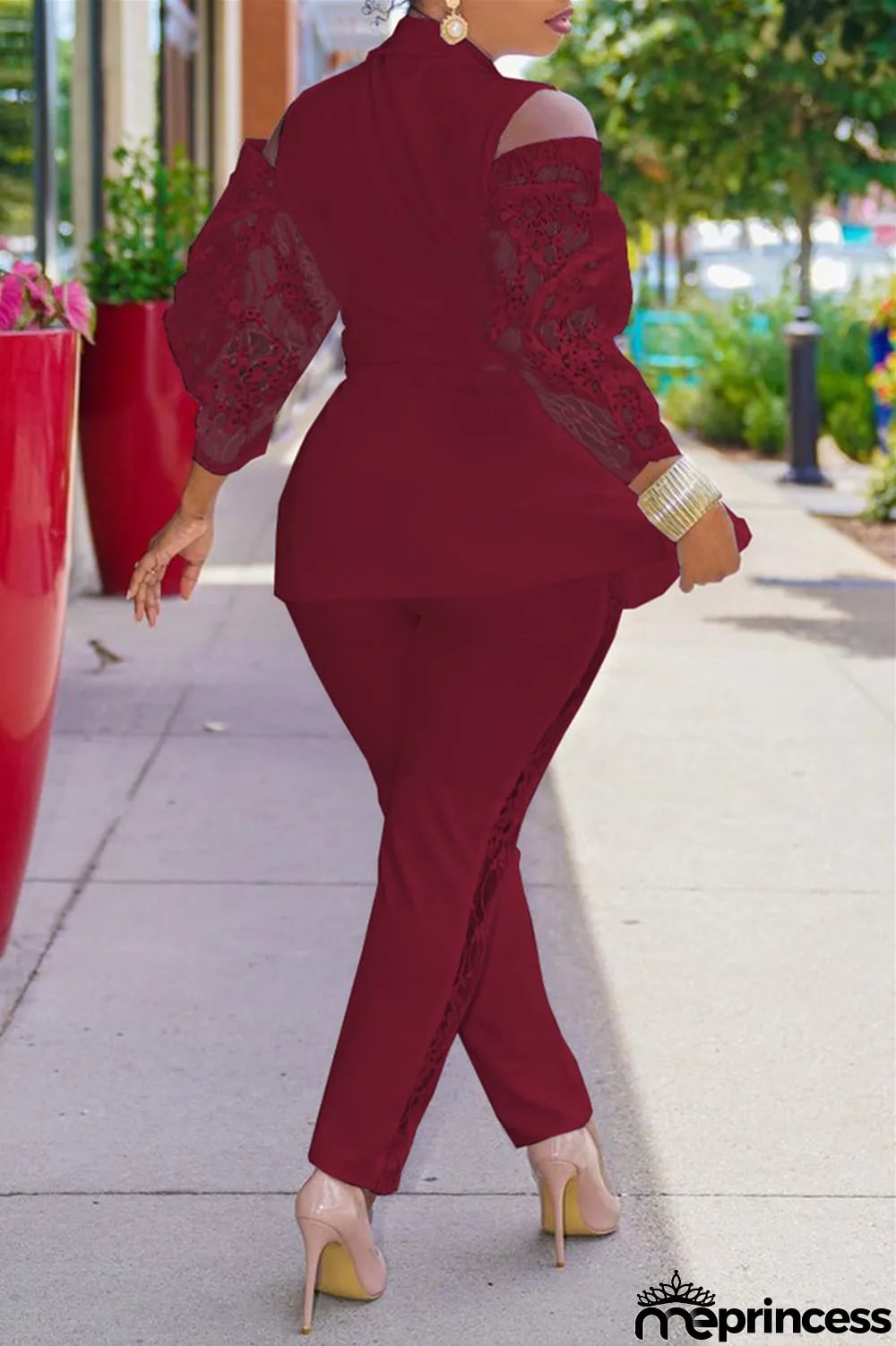White Fashion Casual Patchwork Hollowed Out Turndown Collar Long Sleeve Two Pieces