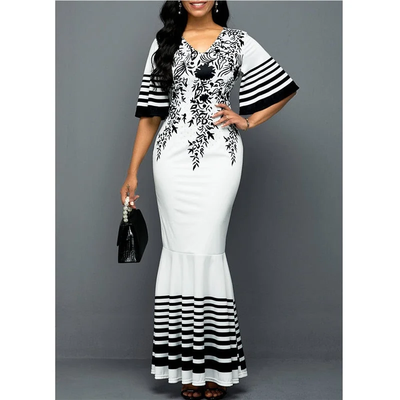 Graduation Gifts  Long Dress Women Printed Stitching Long High Waist Short Sleeves V-Neck Plus Size 5XLFishtail Womens Dress