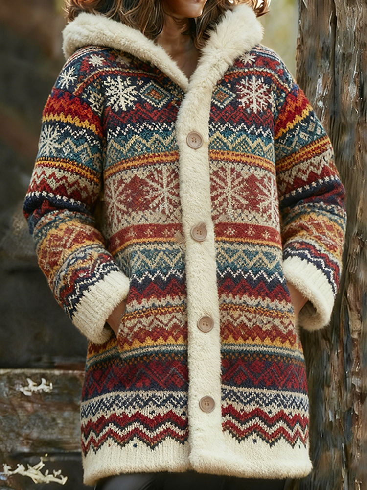 Colorful Fair Isle Patterned Warm Hooded Long Cardigan elevenforest