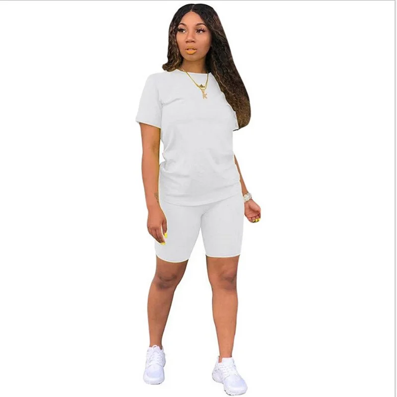2 Pcs Sports Suit Sexy Candy Color Women Sport Clothing Short Sleeve Crew Neck T-shirt + Tight-fitting Shorts Tracksuit Outfits