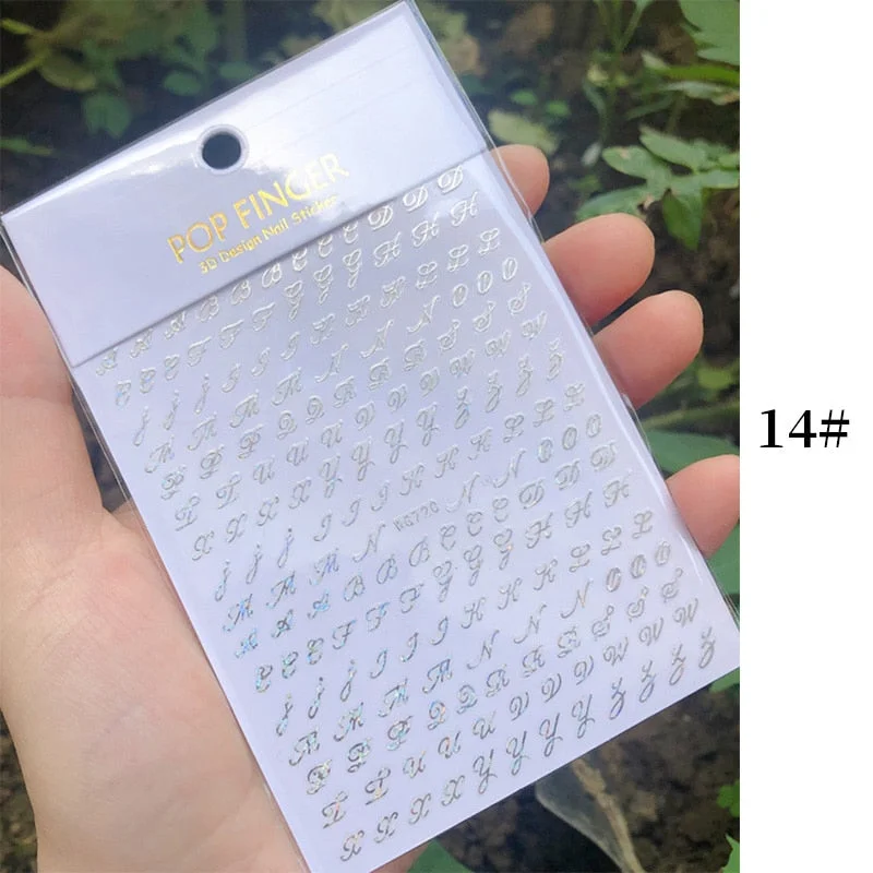 1 Sheet New Roman English Alphabet Number 3D Nail Stickers Christmas Animals iridescent Gold Silver Word Small Letters Nail