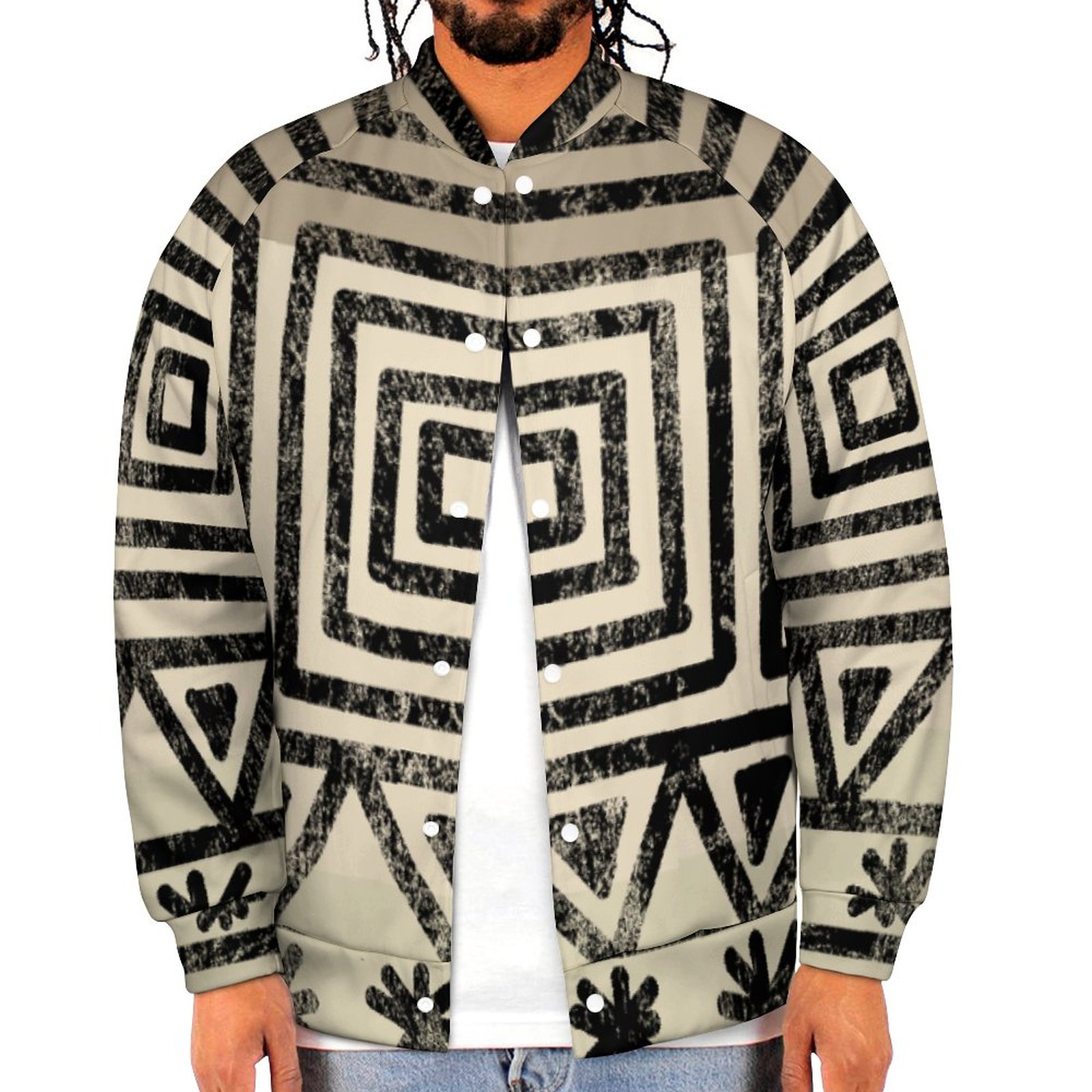 African Ethnic Tribal Gold Geometric Pattern Sweatshirt Jacket Mens Casual Lightweight Button Up Bomber Jacket Outwear