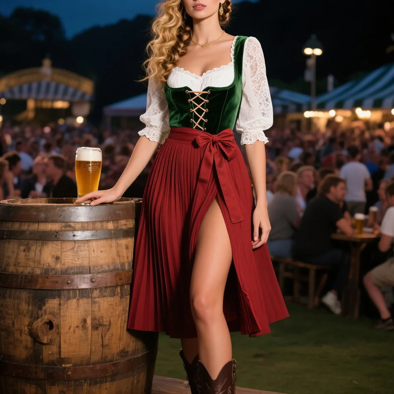 Vintage Dress Suit With Lace Inner Wear, Velvet Drawstring Vest, Pleated Skirt Suit, Beer Festival Dress