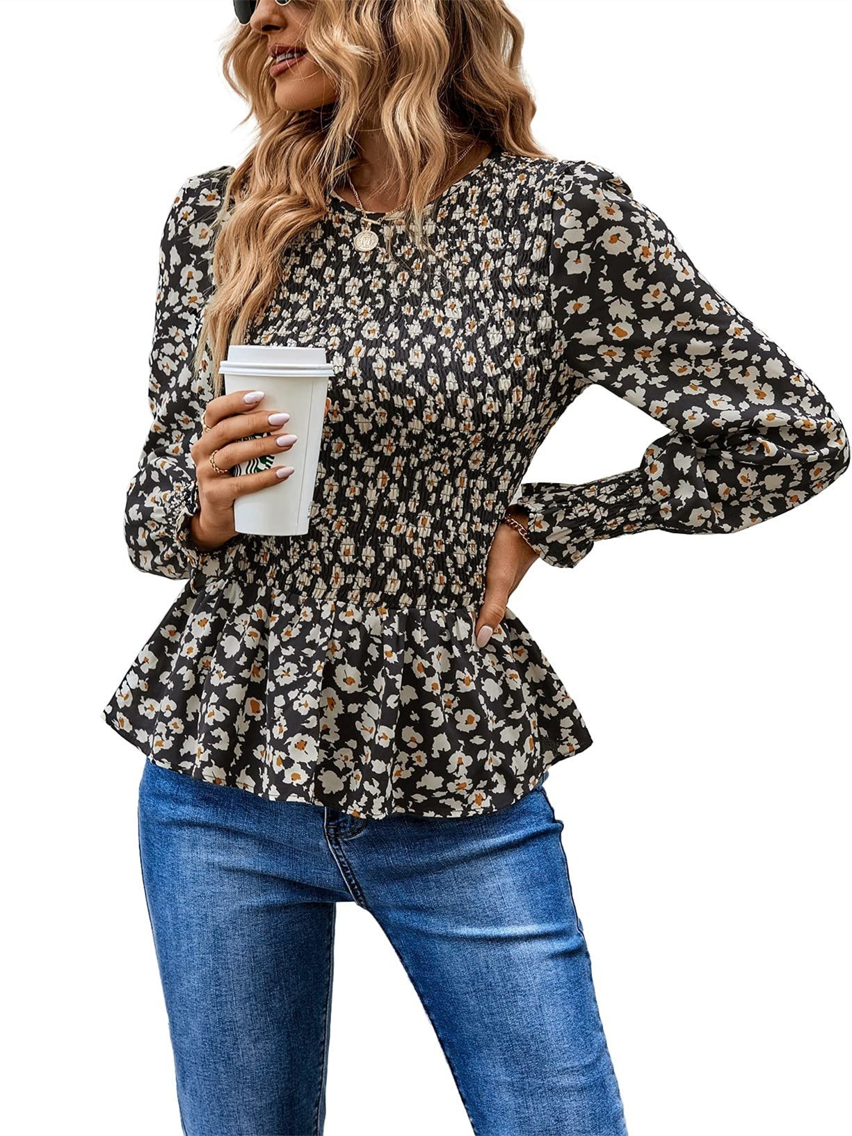 Women Long Sleeve V-neck Graphic Floral Printed Top