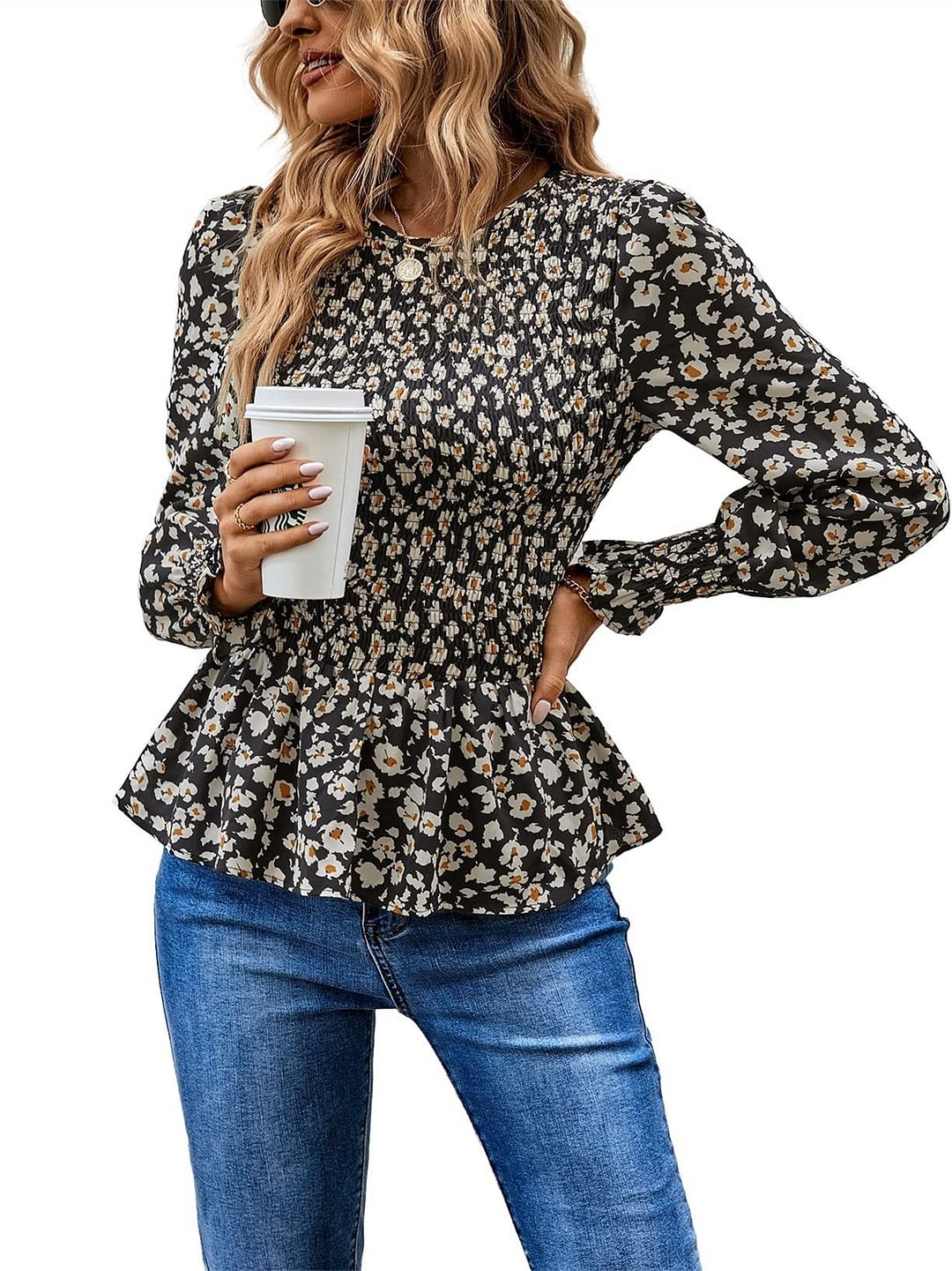 Women Long Sleeve Scoop Neck Polka Dot Printed Top