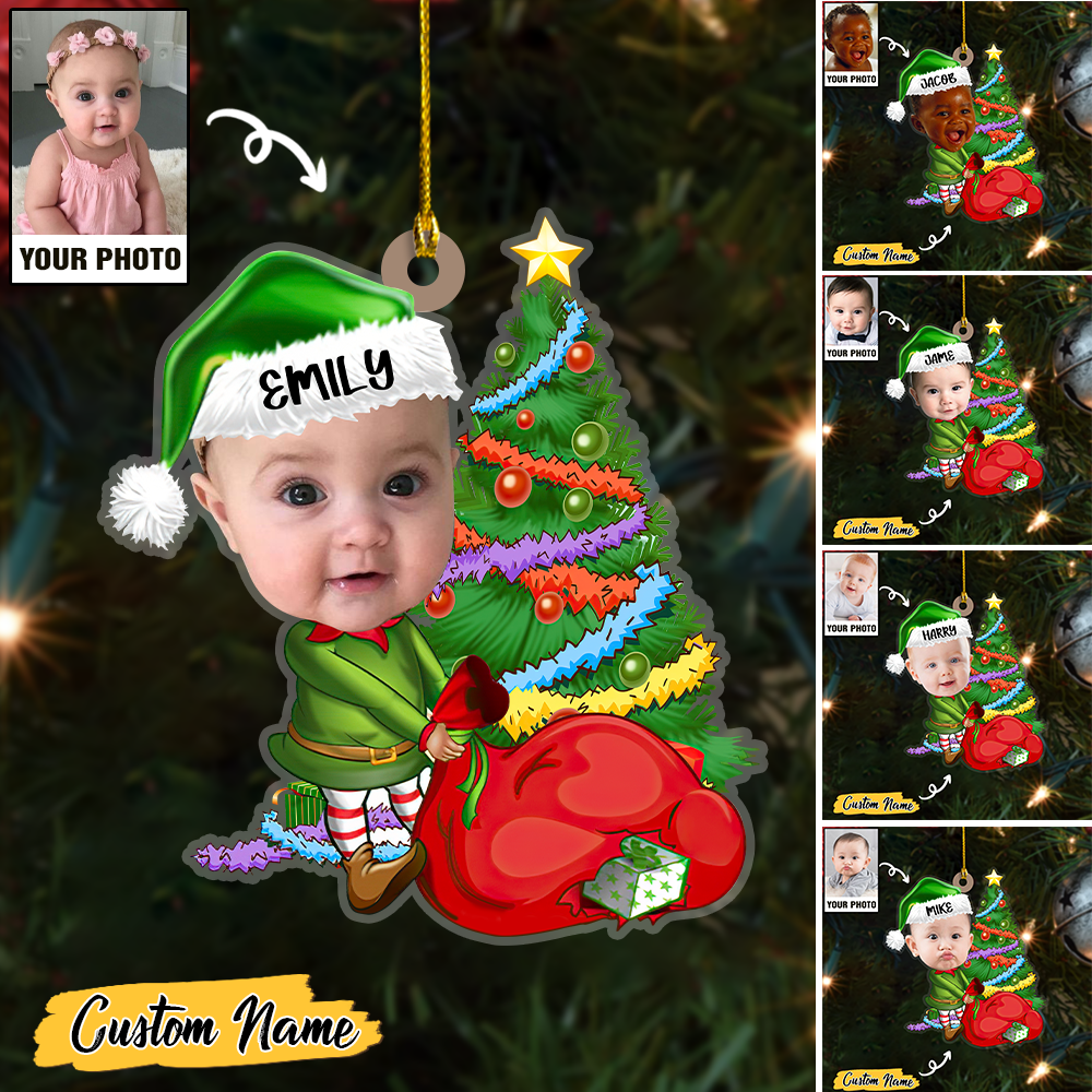 Baby Elf And Christmas Tree Custom Photo With Name Ornament