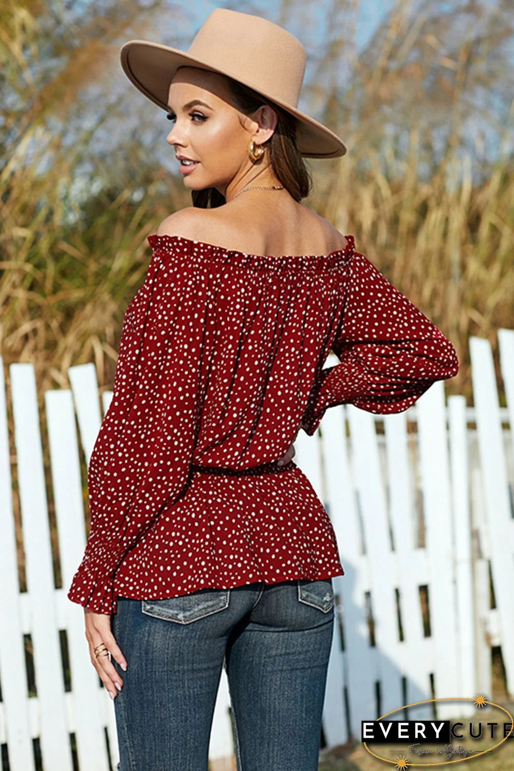 Red Polka Dot Off Shoulder Ruffle Long Sleeve Top