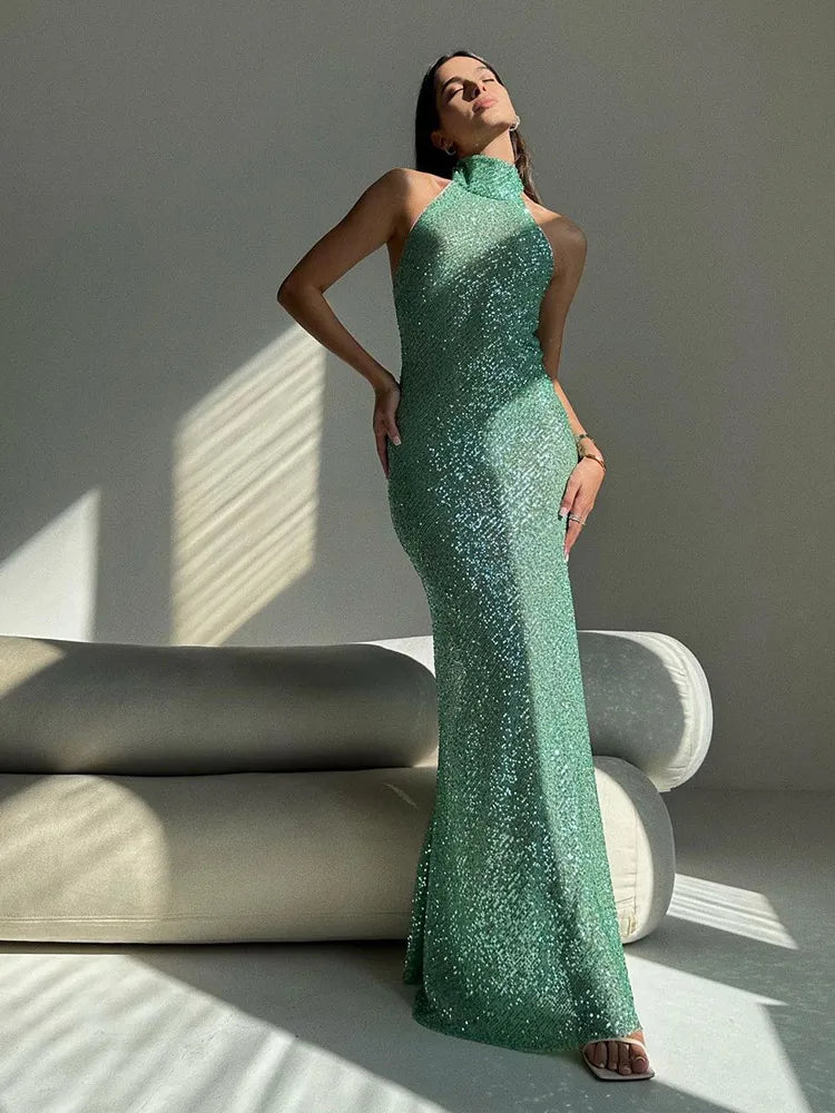 Green Sexy Luxury Shiny Sequins Lace Slip Long Dress Women Fashion High Split Backless Evening Robes Ladies Midnight Y2k Dress Aiertu