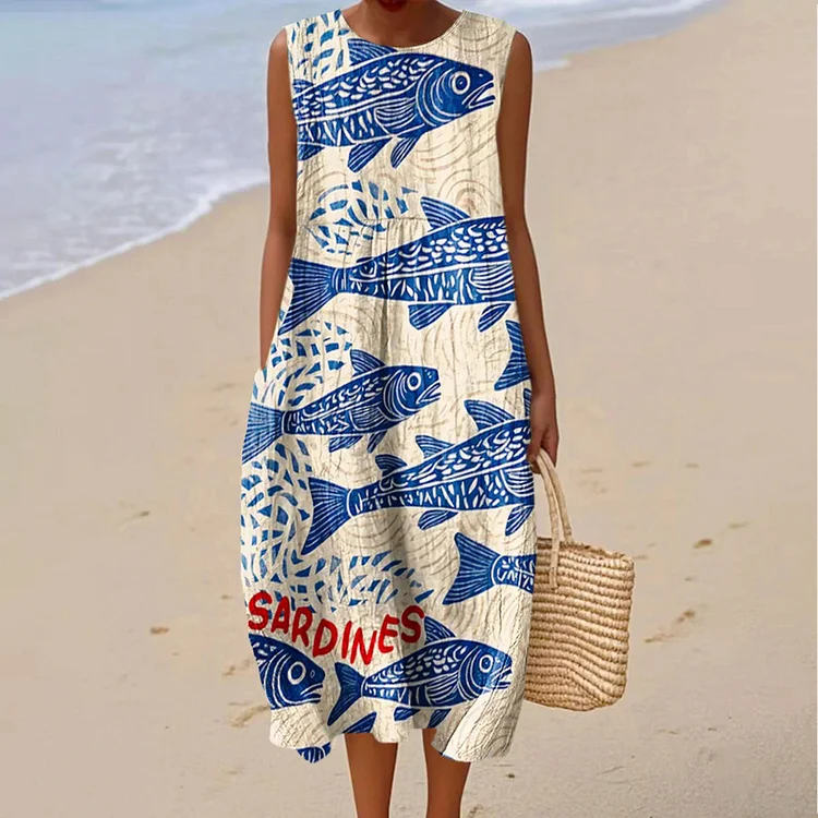 VChics Women's Vintage Fish Sardines Art Print Cotton Casual Sleeveless Dress