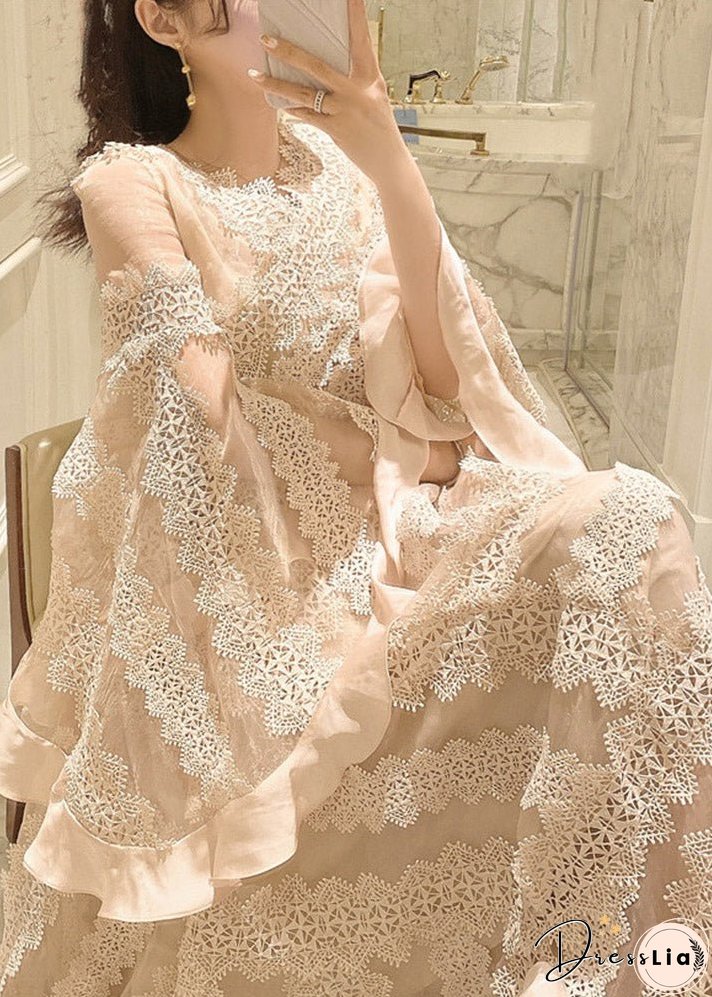 Women Apricot V Neck Patchwork Lace Maxi Dresses Long Sleeve