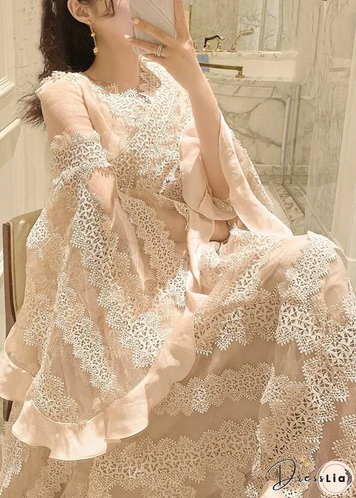 Women Apricot V Neck Patchwork Lace Maxi Dresses Long Sleeve