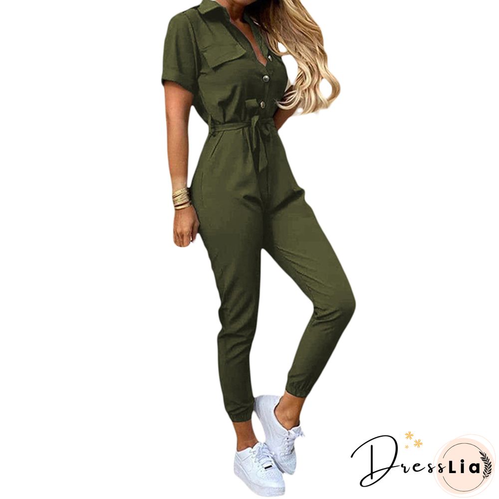 Women Elegant Summer Jumpsuit Short-Sleeved Playsuit Vintage Button Rompers With Waistband Casual Ladies Outfits