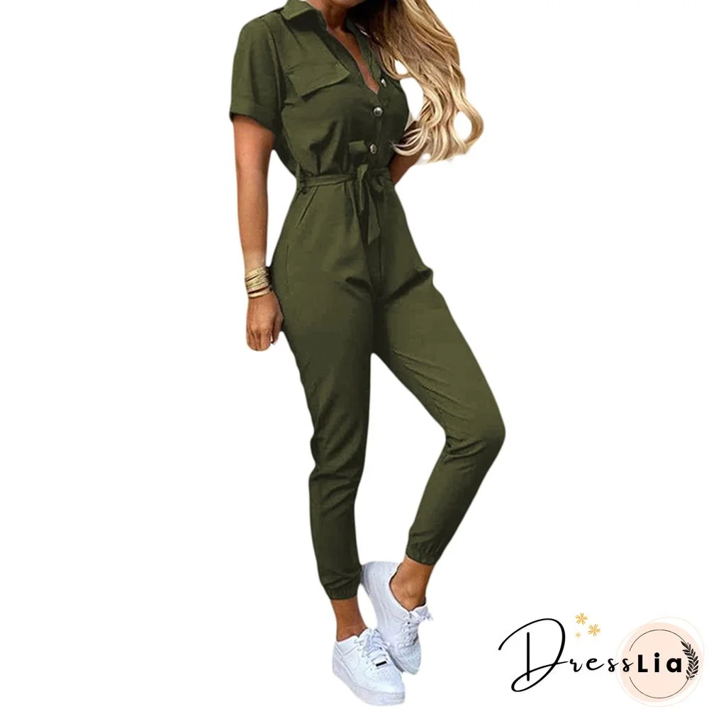 Women Elegant Summer Jumpsuit Short-Sleeved Playsuit Vintage Button Rompers With Waistband Casual Ladies Outfits
