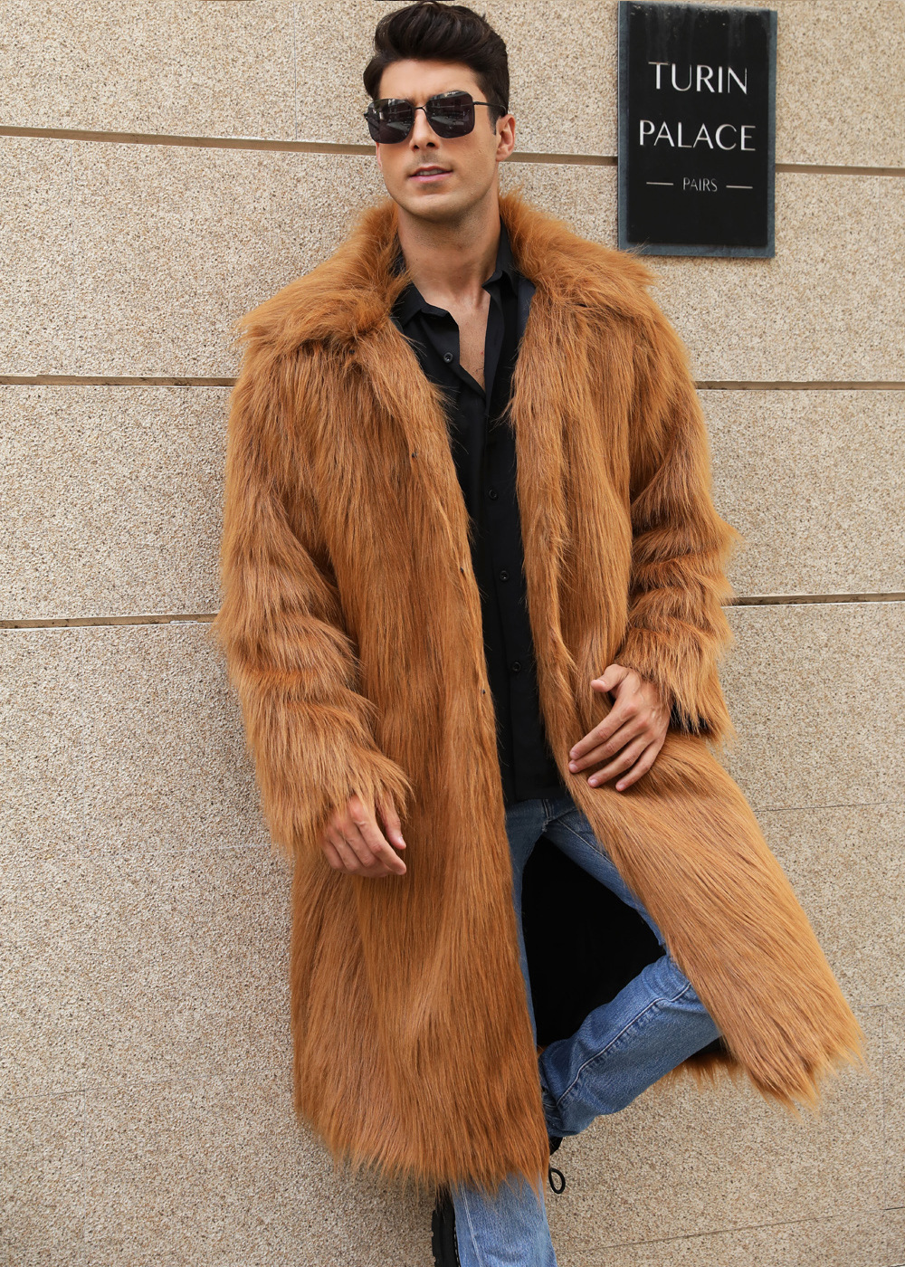 Men's Square Collar Fur Long Coat