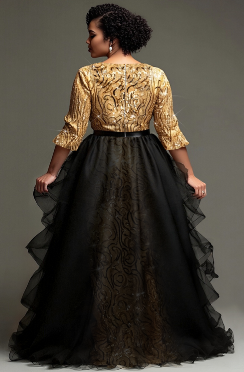 Xpluswear Design Plus Size Formal Gold V Neck 3/4 Sleeve Detachable Overskirt Elegant Ruffle Tulle Sequin Maxi Dresses [Pre-Order]