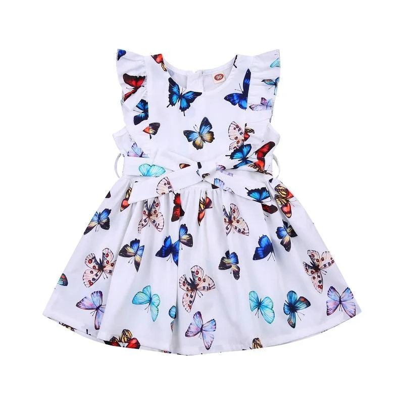 Infant Kids Baby Girls Summer Dress, Cute Sleeveless Round Neck Butterfly Print Belted Ruffle Dress 2-7Y