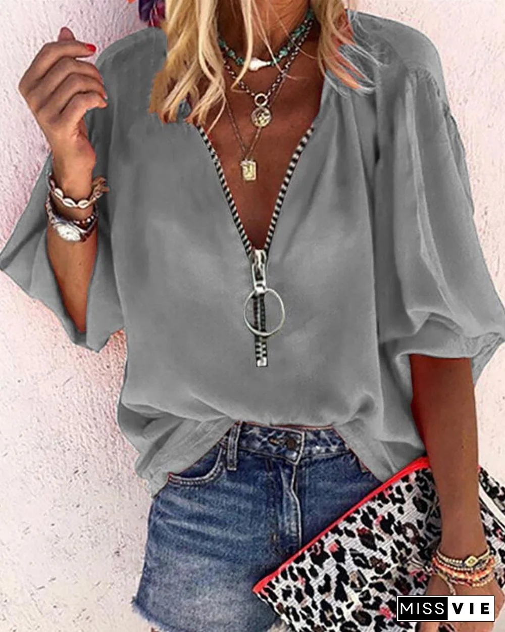 Lantern Sleeve Zipper Design Casual Top P13062