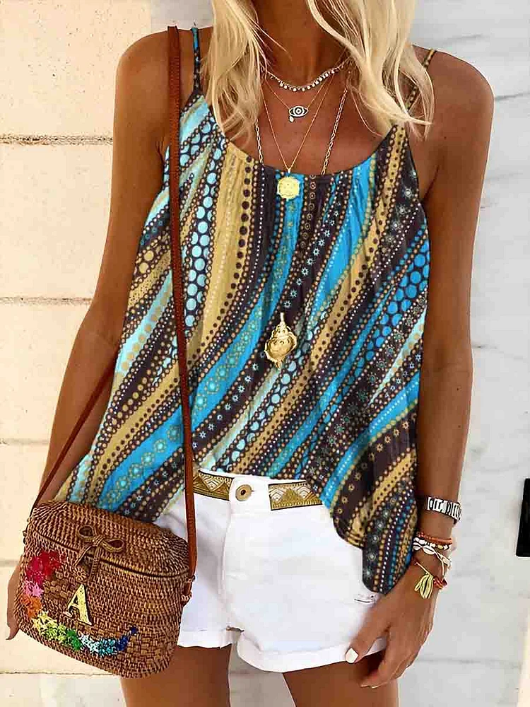 Women's Crewneck Abstract Geometric Print Pleated Loose Suspenders